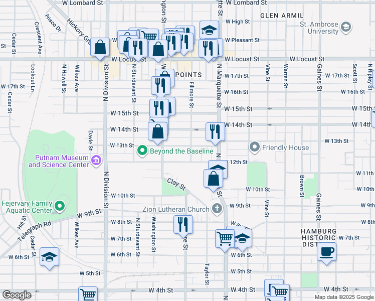 map of restaurants, bars, coffee shops, grocery stores, and more near 1403 West 13th Street in Davenport