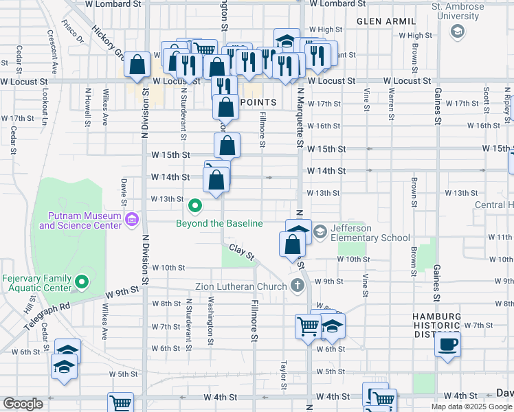 map of restaurants, bars, coffee shops, grocery stores, and more near 1403 West 13th Street in Davenport