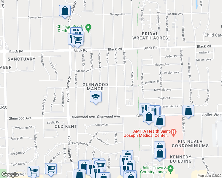 map of restaurants, bars, coffee shops, grocery stores, and more near 520 Tana Lane in Joliet