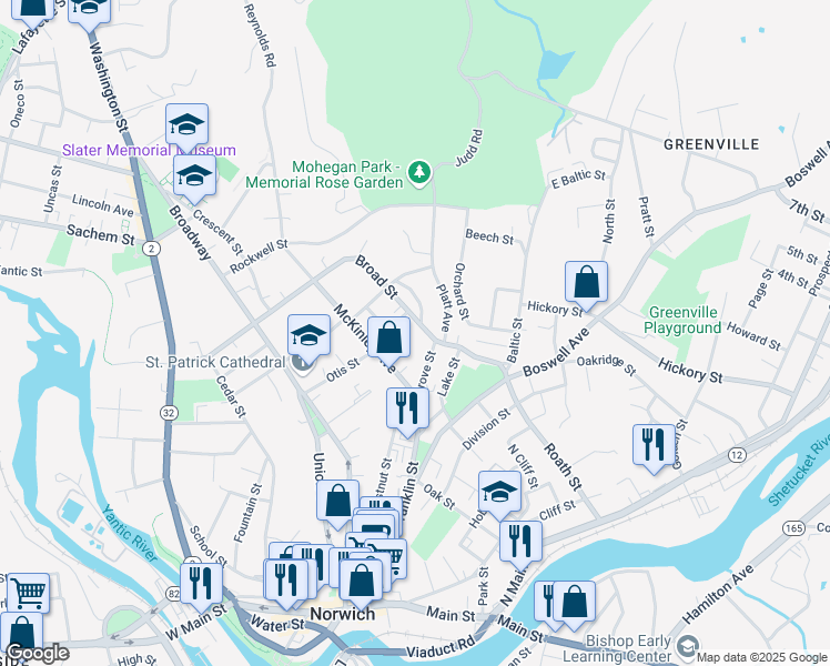 map of restaurants, bars, coffee shops, grocery stores, and more near 46 Freeman Avenue in Norwich