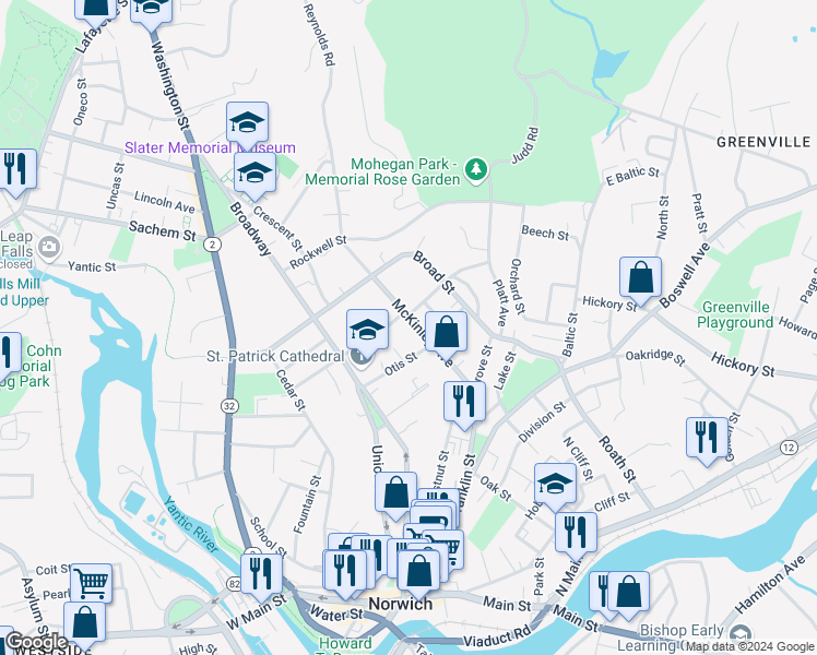 map of restaurants, bars, coffee shops, grocery stores, and more near 58 McKinley Avenue in Norwich