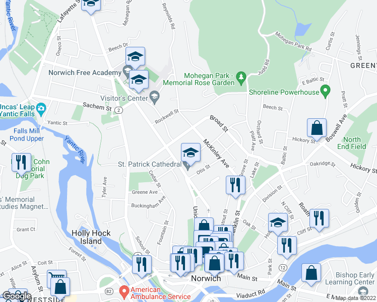 map of restaurants, bars, coffee shops, grocery stores, and more near 219 Broadway in Norwich