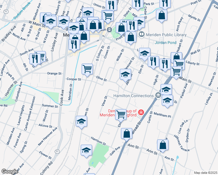 map of restaurants, bars, coffee shops, grocery stores, and more near 19 Geer Avenue in Meriden