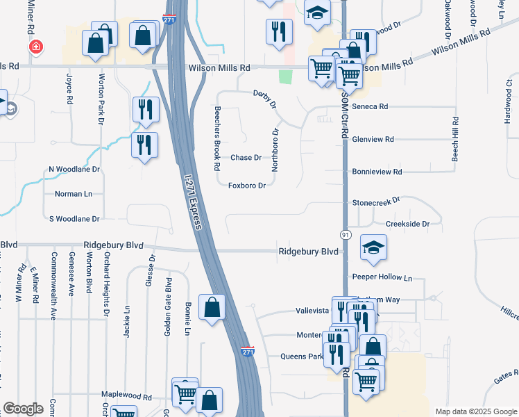 map of restaurants, bars, coffee shops, grocery stores, and more near 6554 Hidden Woods Trail in Cleveland
