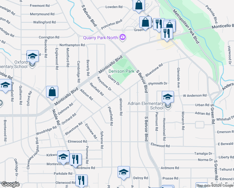 map of restaurants, bars, coffee shops, grocery stores, and more near 4104 Bluestone Road in South Euclid