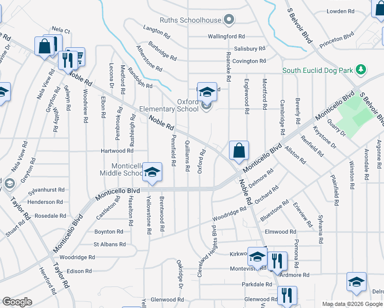 map of restaurants, bars, coffee shops, grocery stores, and more near 1031 Quilliams Road in Cleveland Heights