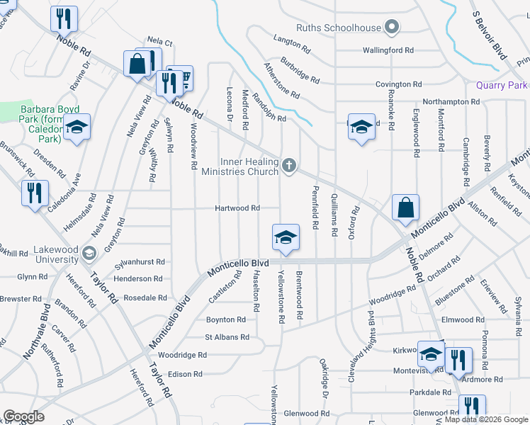 map of restaurants, bars, coffee shops, grocery stores, and more near 1045 Rushleigh Road in Cleveland Heights