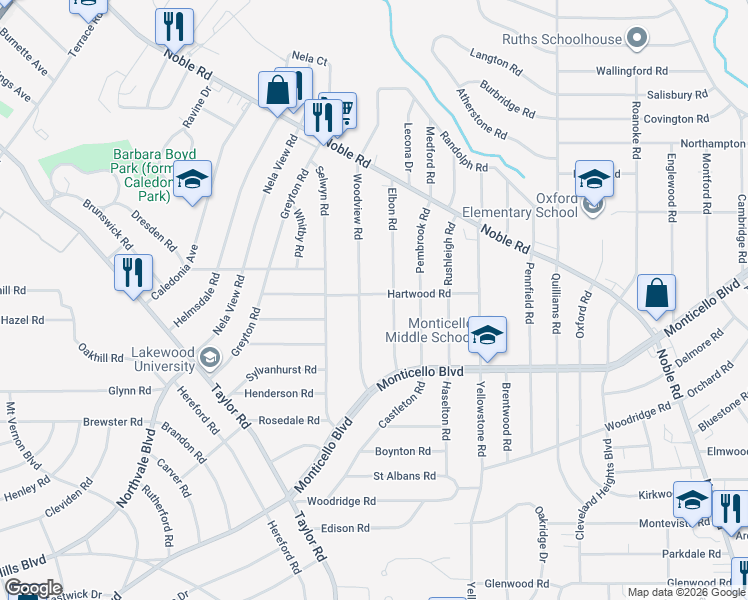 map of restaurants, bars, coffee shops, grocery stores, and more near 1036 Elbon Road in Cleveland Heights