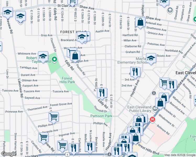 map of restaurants, bars, coffee shops, grocery stores, and more near 935 East 128th Street in Cleveland