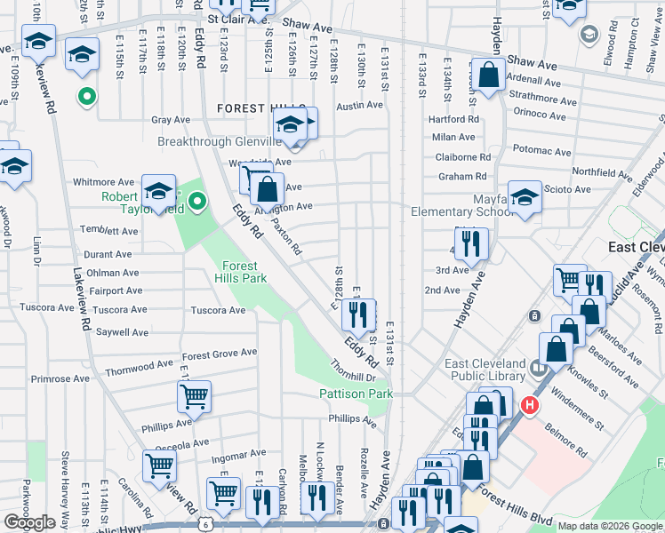 map of restaurants, bars, coffee shops, grocery stores, and more near 935 East 128th Street in Cleveland