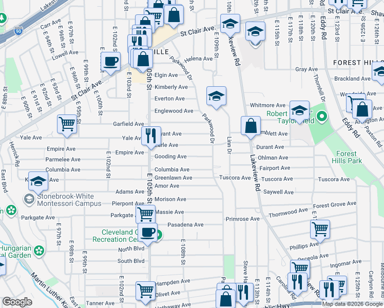 map of restaurants, bars, coffee shops, grocery stores, and more near 10728 Gooding Avenue in Cleveland