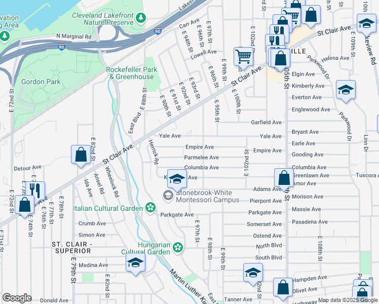 map of restaurants, bars, coffee shops, grocery stores, and more near 9114 Parmelee Avenue in Cleveland