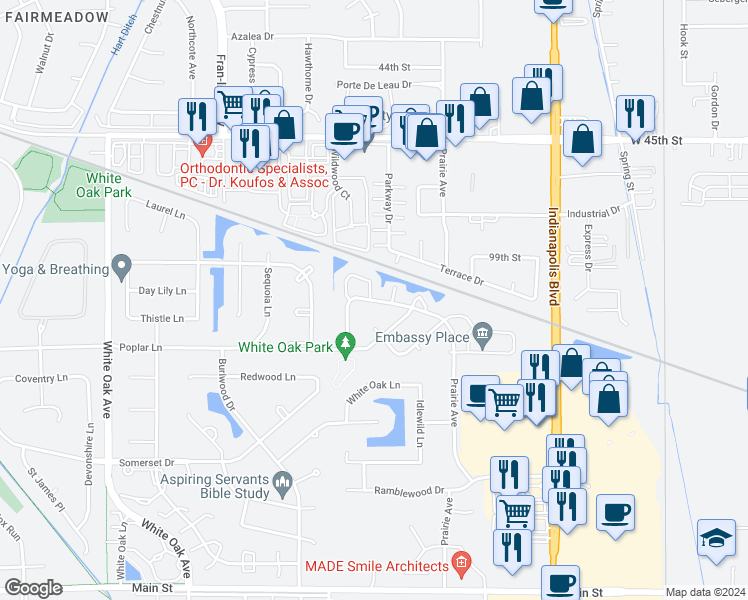 map of restaurants, bars, coffee shops, grocery stores, and more near 2048 Northwood Lane in Highland