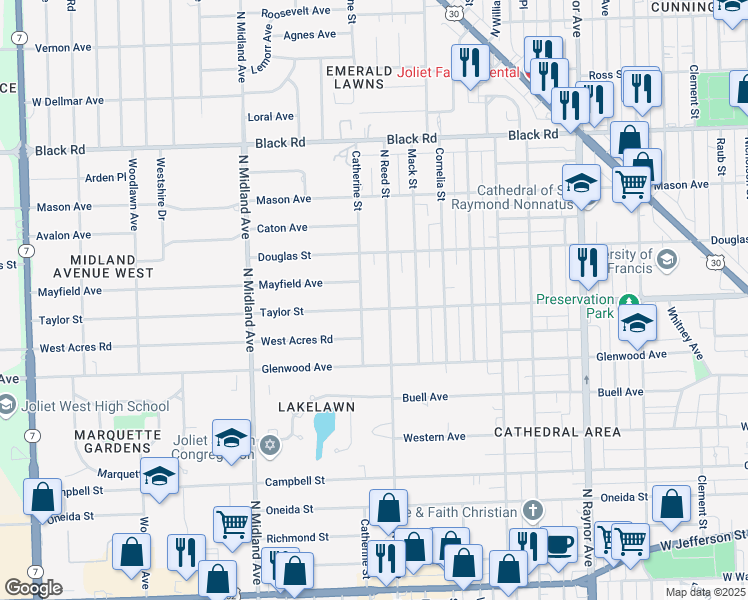 map of restaurants, bars, coffee shops, grocery stores, and more near 1150 Taylor Street in Joliet