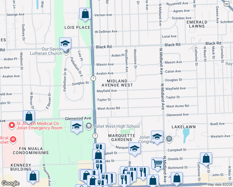 map of restaurants, bars, coffee shops, grocery stores, and more near 1617 Taylor Street in Joliet