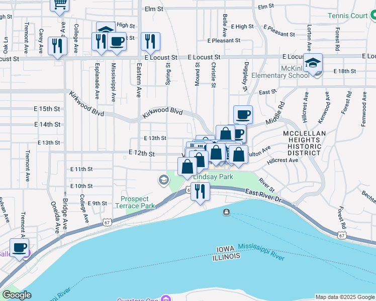 map of restaurants, bars, coffee shops, grocery stores, and more near 2003 East 12th Street in Davenport