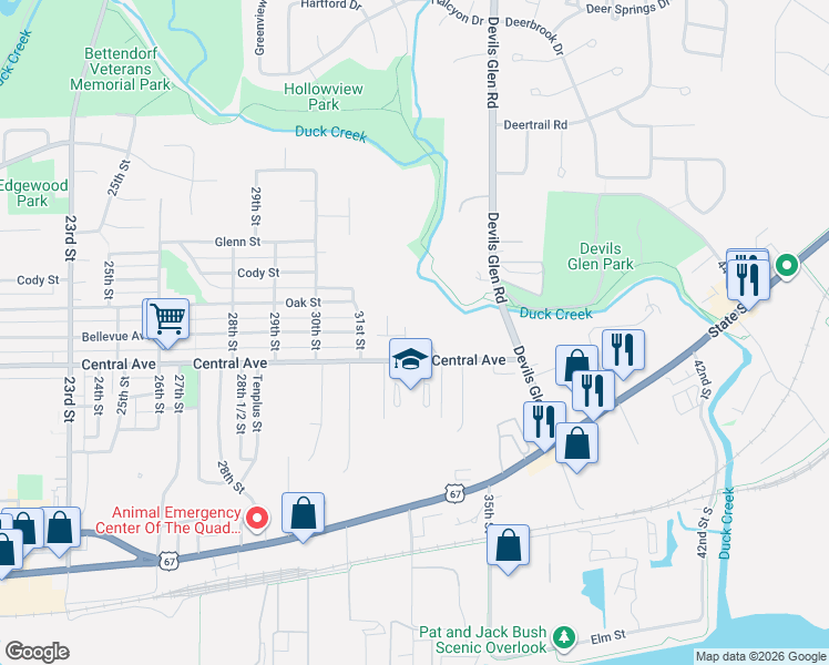 map of restaurants, bars, coffee shops, grocery stores, and more near 1020 33rd St in Bettendorf