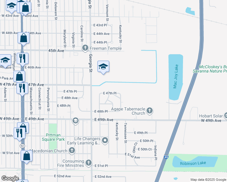map of restaurants, bars, coffee shops, grocery stores, and more near 4750 Vermont Street in Gary