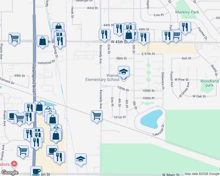 map of restaurants, bars, coffee shops, grocery stores, and more near 10011 Kennedy Avenue in Highland