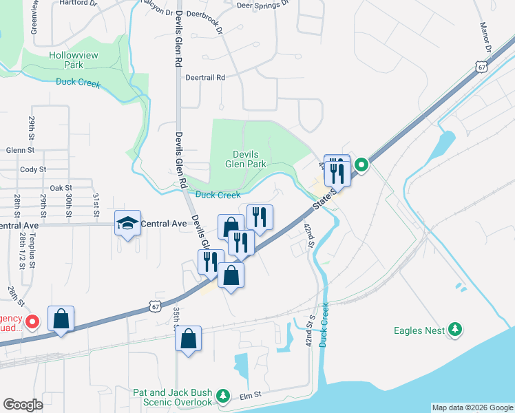 map of restaurants, bars, coffee shops, grocery stores, and more near 3801 Creek Hill Drive in Bettendorf