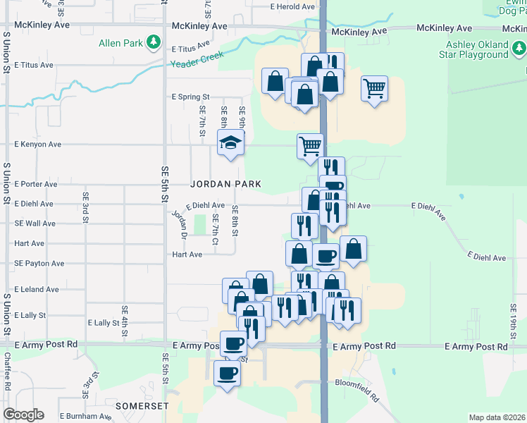 map of restaurants, bars, coffee shops, grocery stores, and more near 1007 East Diehl Avenue in Des Moines