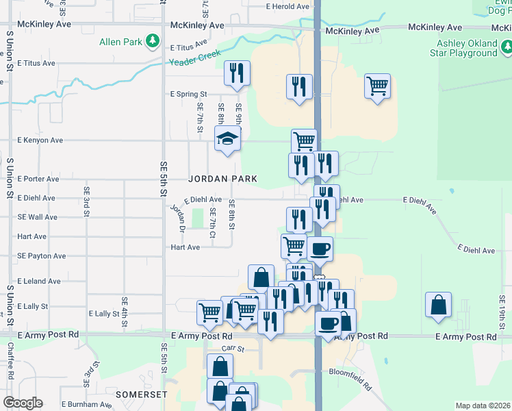 map of restaurants, bars, coffee shops, grocery stores, and more near 1007 East Diehl Avenue in Des Moines