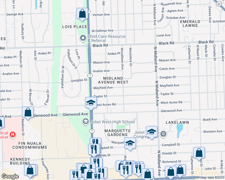 map of restaurants, bars, coffee shops, grocery stores, and more near 1617 Taylor Street in Joliet