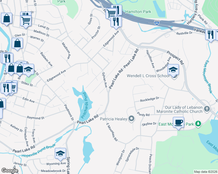 map of restaurants, bars, coffee shops, grocery stores, and more near 882 Pearl Lake Road in Waterbury