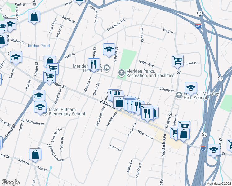 map of restaurants, bars, coffee shops, grocery stores, and more near 27 Pearl Street in Meriden