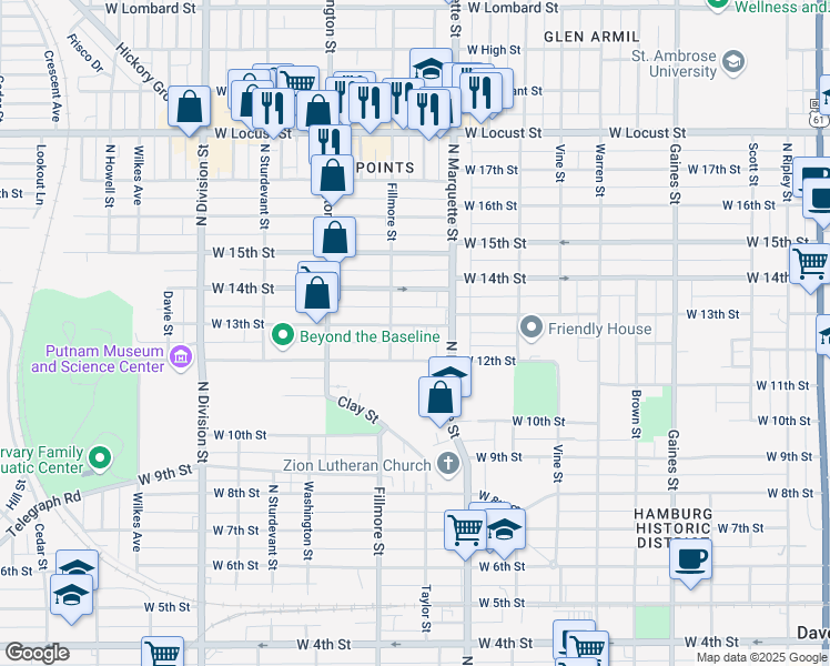 map of restaurants, bars, coffee shops, grocery stores, and more near 1335 West 13th Street in Davenport