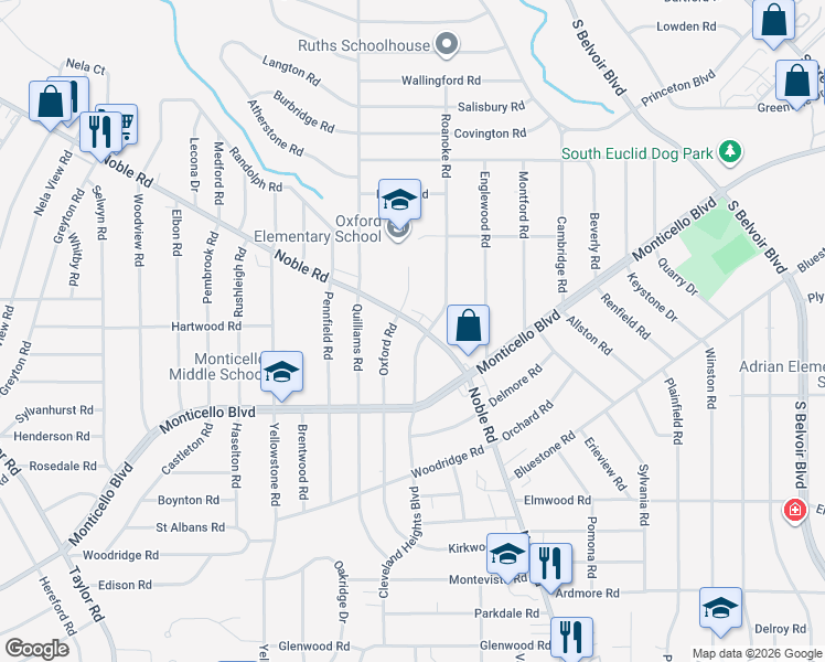 map of restaurants, bars, coffee shops, grocery stores, and more near 2534 Noble Road in Cleveland Heights