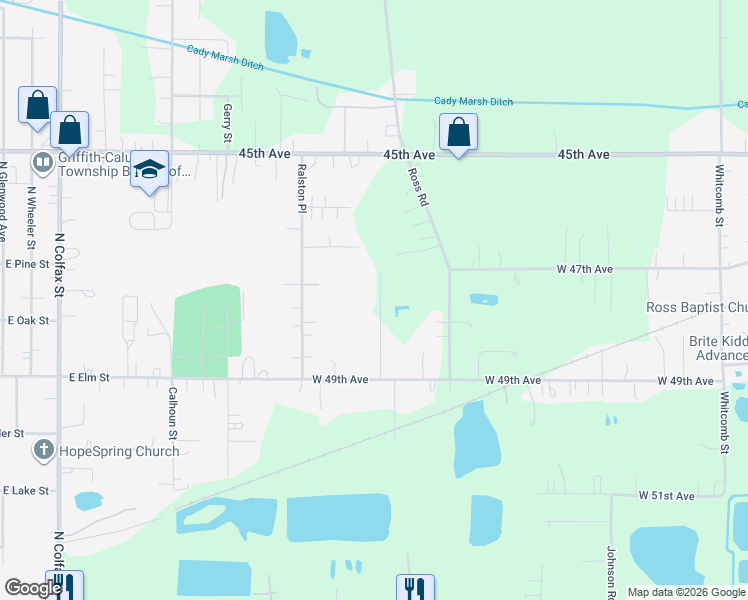 map of restaurants, bars, coffee shops, grocery stores, and more near 4710 Oaklane Drive in Griffith