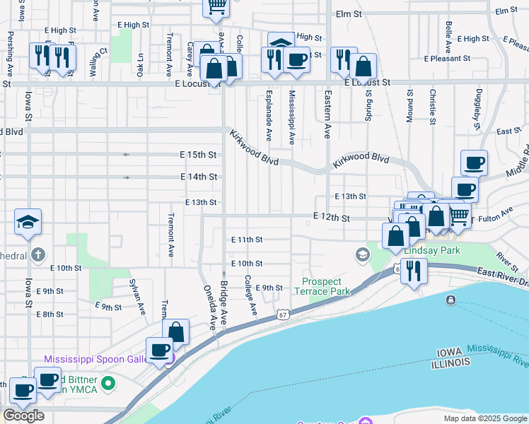 map of restaurants, bars, coffee shops, grocery stores, and more near 1326 East 12th Street in Davenport