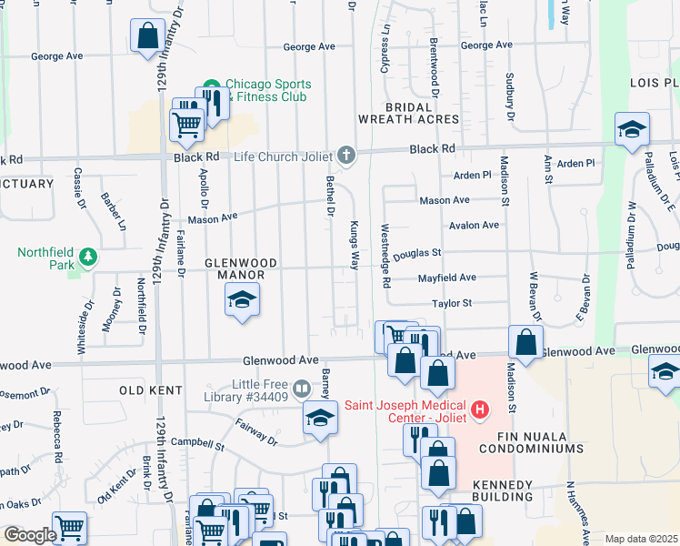 map of restaurants, bars, coffee shops, grocery stores, and more near 512 Bethel Drive in Joliet