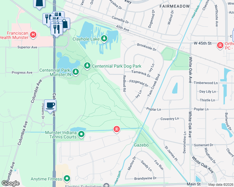 map of restaurants, bars, coffee shops, grocery stores, and more near Pennsy Greenway in Munster
