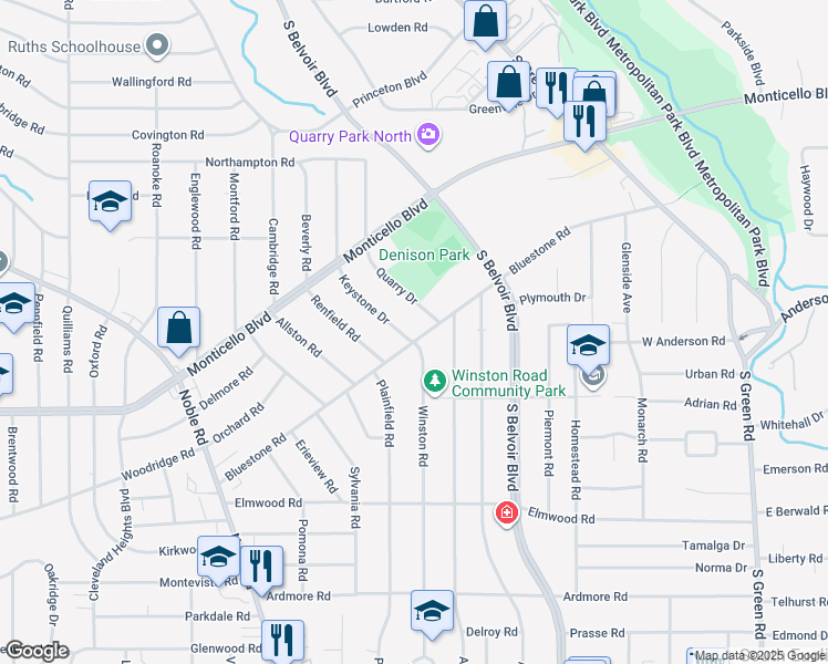 map of restaurants, bars, coffee shops, grocery stores, and more near 4095 Bluestone Road in Cleveland Heights
