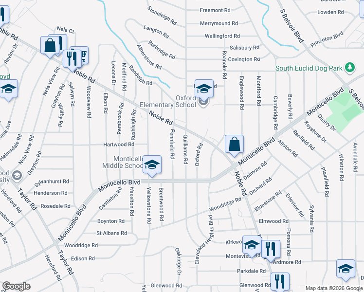 map of restaurants, bars, coffee shops, grocery stores, and more near 1031 Quilliams Road in Cleveland Heights