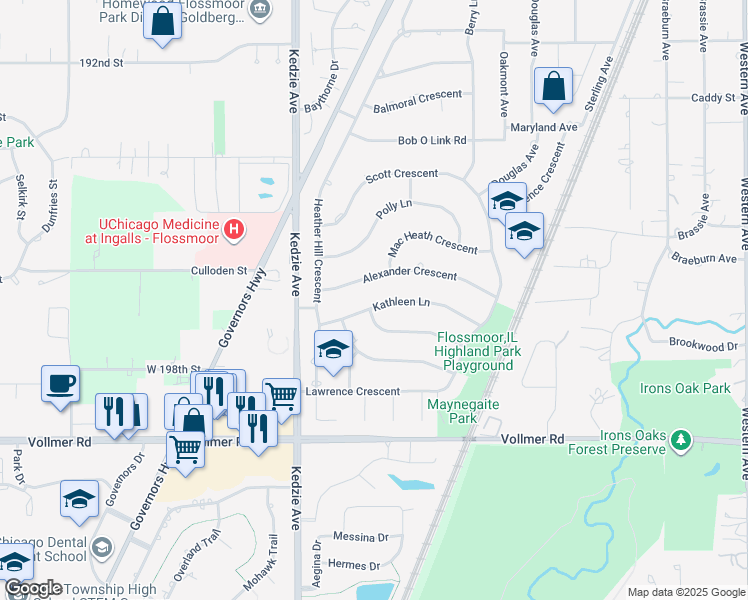 map of restaurants, bars, coffee shops, grocery stores, and more near 3025 Kathleen Lane in Flossmoor