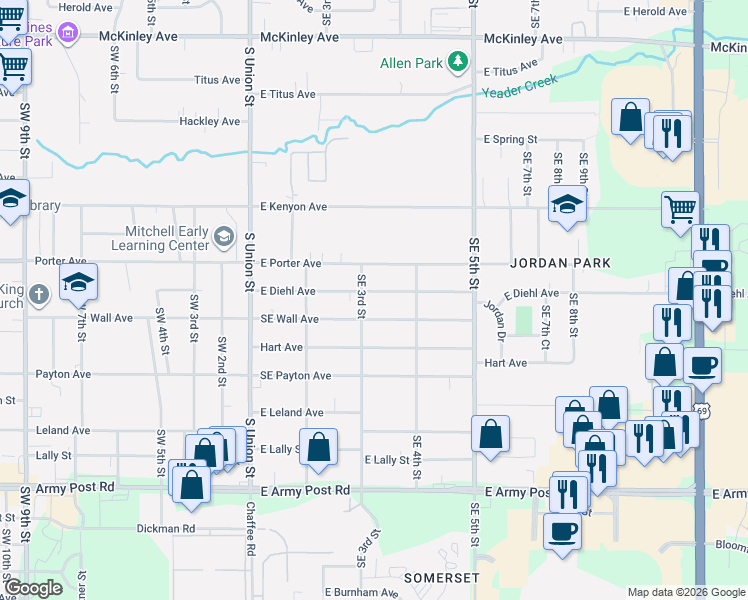 map of restaurants, bars, coffee shops, grocery stores, and more near 316 East Wall Avenue in Des Moines
