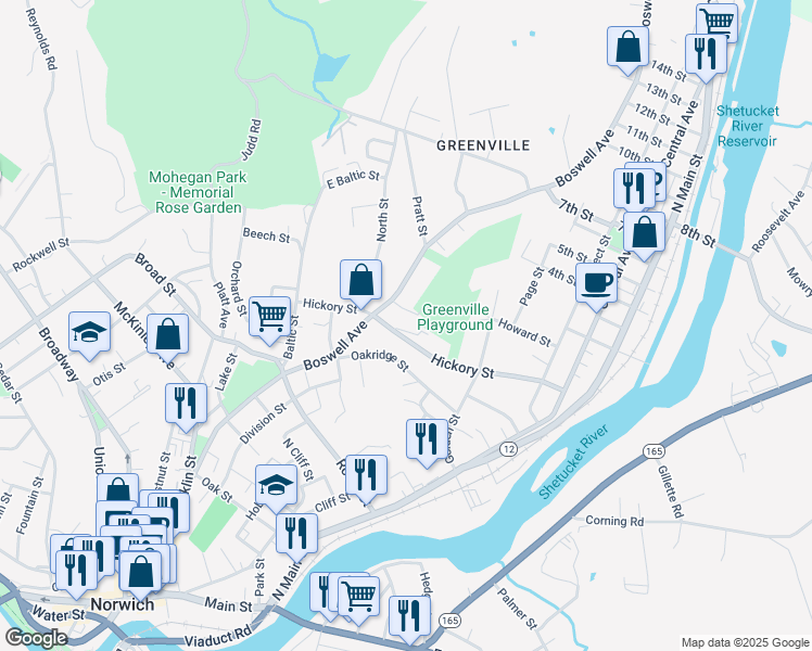 map of restaurants, bars, coffee shops, grocery stores, and more near 105 Hickory Street in Norwich