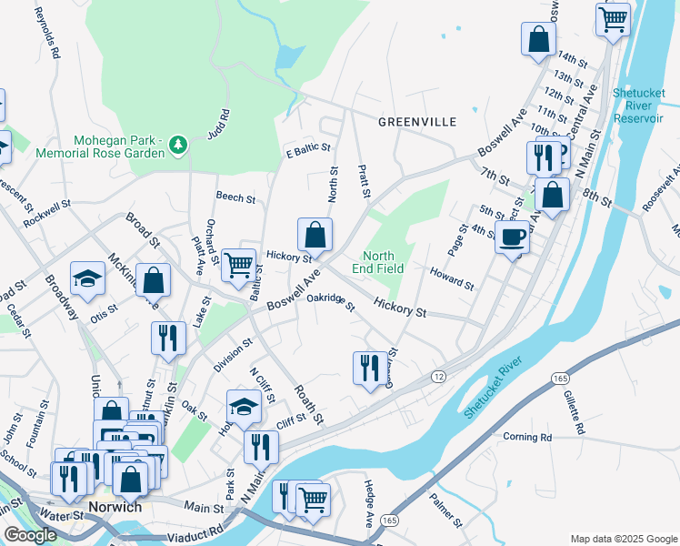 map of restaurants, bars, coffee shops, grocery stores, and more near 46 Oakridge Street in Norwich