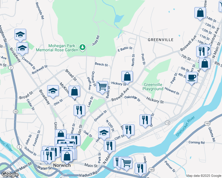 map of restaurants, bars, coffee shops, grocery stores, and more near 25 Baltic Street in Norwich