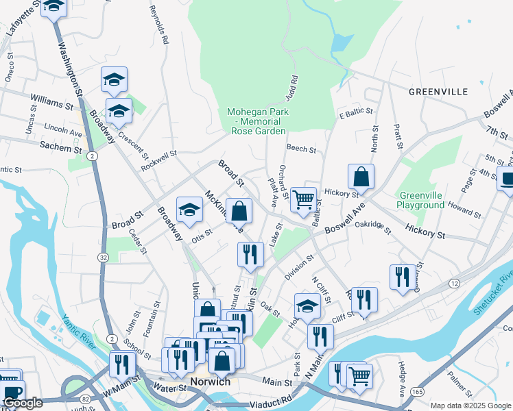 map of restaurants, bars, coffee shops, grocery stores, and more near 46 Freeman Avenue in Norwich