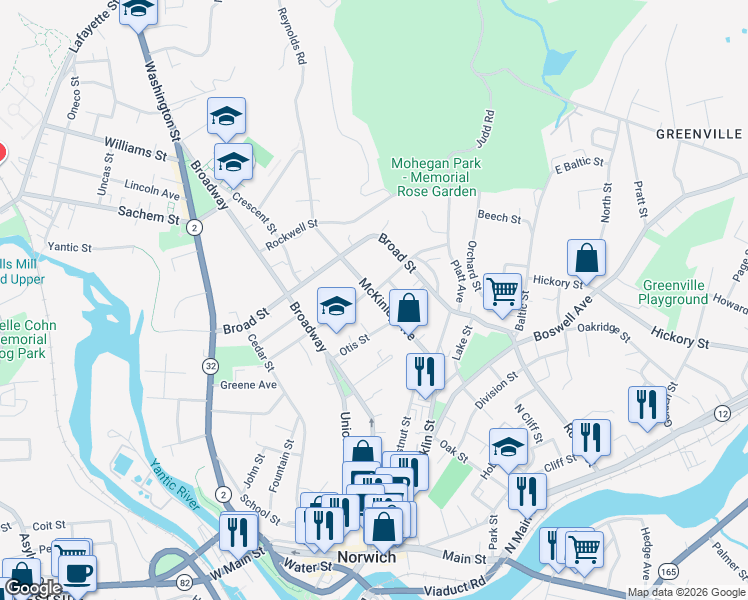 map of restaurants, bars, coffee shops, grocery stores, and more near 58 McKinley Avenue in Norwich