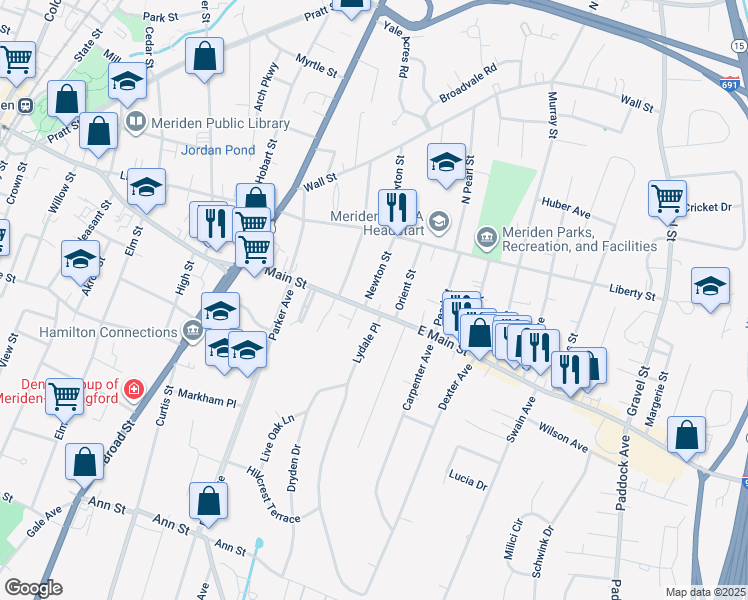 map of restaurants, bars, coffee shops, grocery stores, and more near 516 East Main Street in Meriden