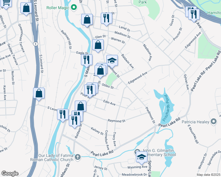 map of restaurants, bars, coffee shops, grocery stores, and more near 57 Temple Street in Waterbury