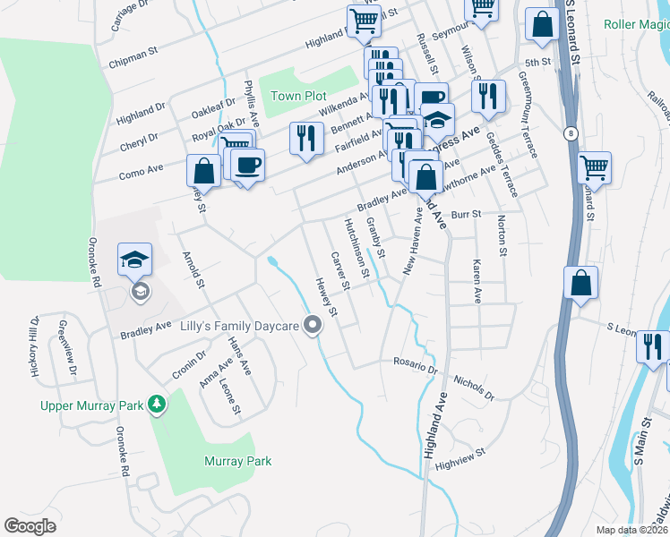 map of restaurants, bars, coffee shops, grocery stores, and more near 109 Hewey Street in Waterbury