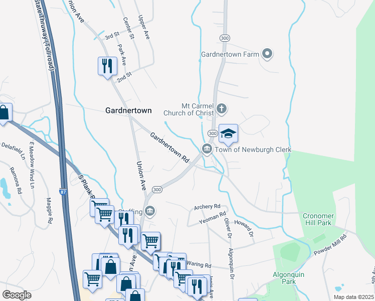 map of restaurants, bars, coffee shops, grocery stores, and more near 324 Gardnertown Road in Newburgh