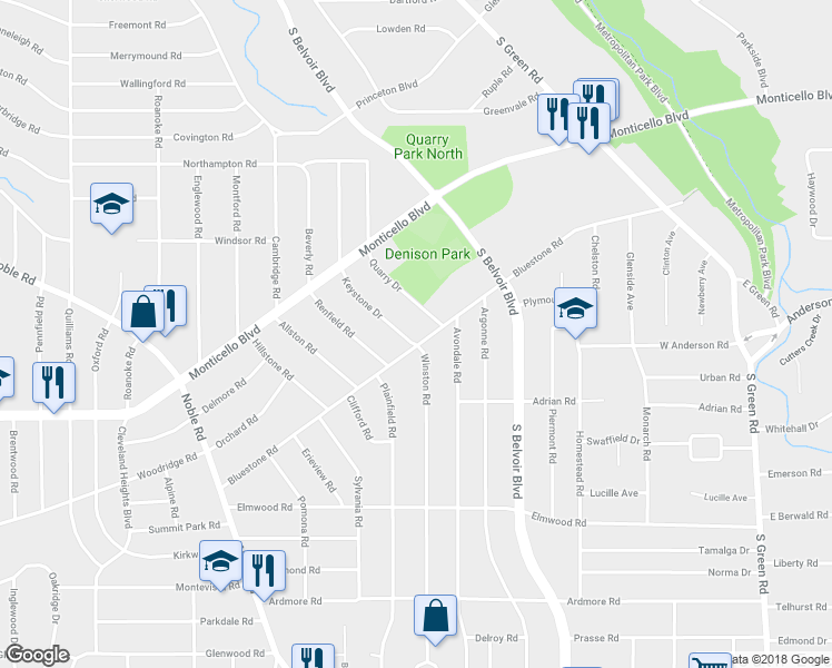 map of restaurants, bars, coffee shops, grocery stores, and more near 4104 Bluestone Road in South Euclid