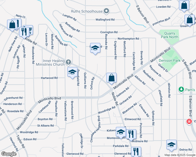 map of restaurants, bars, coffee shops, grocery stores, and more near 1036 Roanoke Road in Cleveland Heights